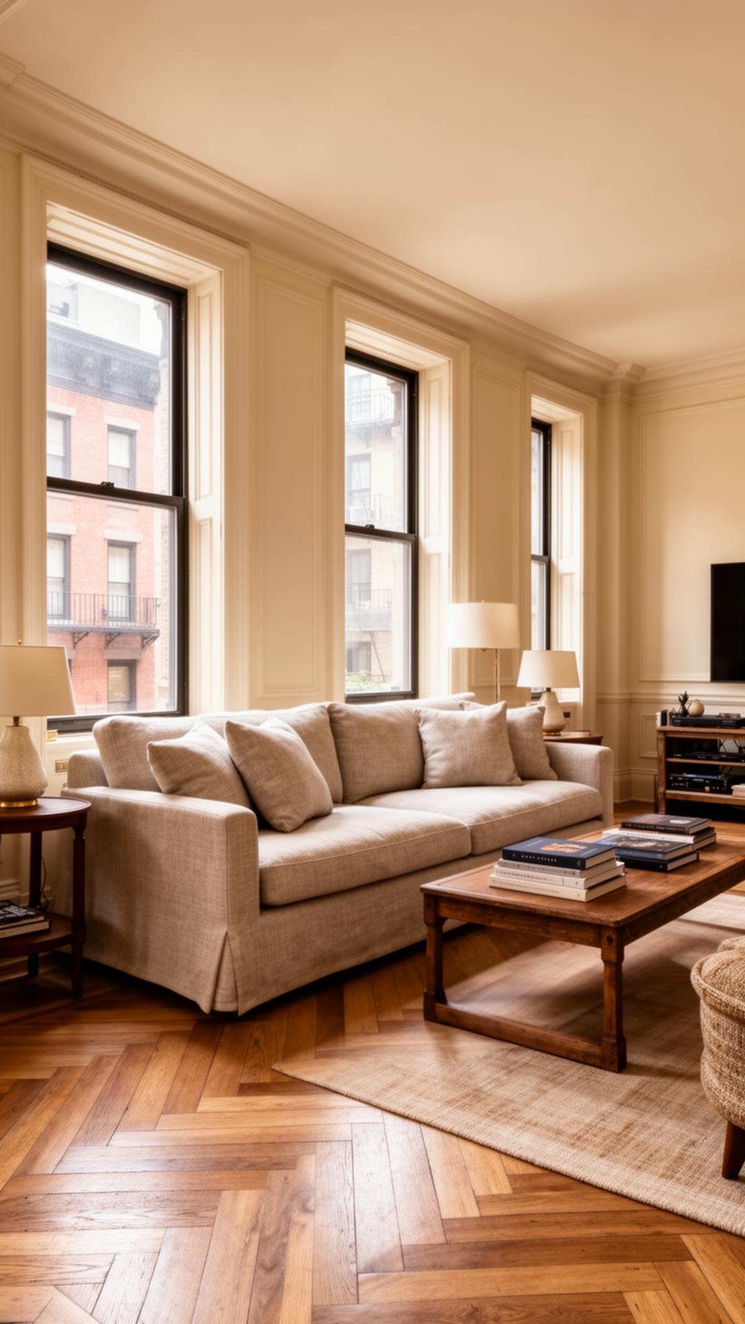 Sunlit prewar Manhattan apartment living room with herringbone floors and tall windows